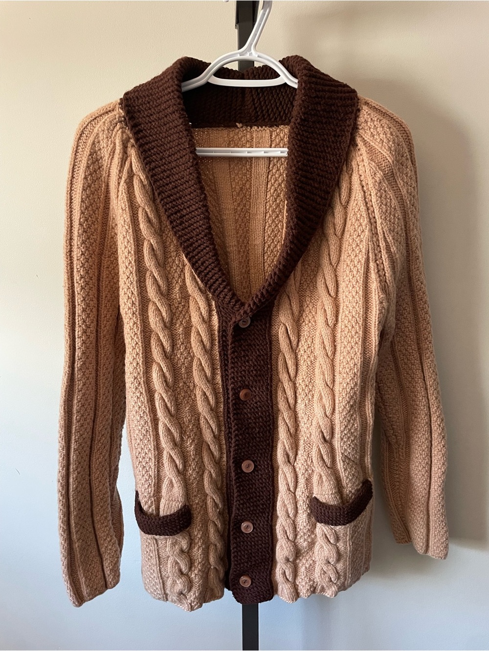 Vintage 80s Handmade Chunky Cable Knit Shawl Collar Cardigan Sweater Granny